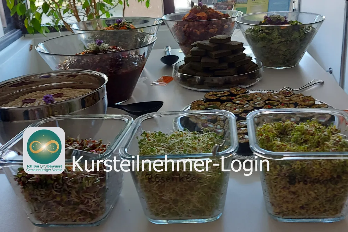 Ein Buffet-Tisch mit Schalen voller frischer Sprossen, Salate und Vitalkost. Bildaufschrift: Kursteilnehmer-Login.