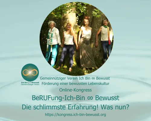 Vier Frauen des Vereins in einem grünen Wald — Ankündigungsbild des Online-Kongresses „BeRUFung – Ich Bin ∞ Bewusst".