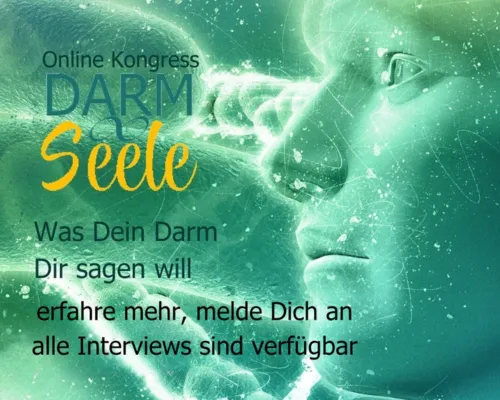 Ein Gesicht im Profil in Grün-Türkis — Ankündigungsbild des Online-Kongresses „Darm & Seele".