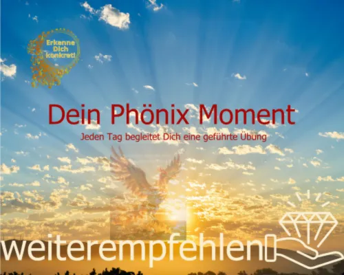 Sonnenaufgang mit Phönix-Silhouette — Ankündigungsbild „Dein Phönix Moment".